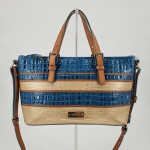 Brahmin Asher Blue & Tan Embossed Leather Zip Tote Satchel Bag w/ Shoulder Strap